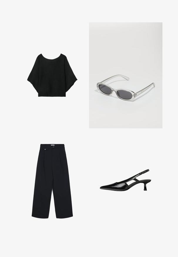 Schwarzes gestricktes Oberteil mit weit geschnittenen Ärmeln, einem runden Halsausschnitt und einer lockeren Passform. Der Stoff hat eine gerippte Textur, ohne Verschlüsse oder Muster.; Schwarze, weit geschnittene Hosen aus glattem Stoff mit maßgeschneiderter Verarbeitung, die vorne Falten, einen Knopfverschluss und seitliche Taschen aufweisen.; Schwarze Lackleder-Slingback-High Heels mit spitzer Zehenform, ausgeschnittenem Seitendesign und kleinem Blockabsatz. Glatte Textur mit minimalen Akzenten.; Sonnenbrille mit ovaler Form, klarem Kunststoffrahmen, dunkelgrauen Gläsern und dünnen transparenten Bügeln mit Logo-Akzenten und minimalen Details.; Schwarze Lederhandtasche mit geschwungener Form, abnehmbarem Tragegurt und goldenen Beschlägen. Die Tasche verfügt über einen Deckel mit einer Schnallen-Details.
