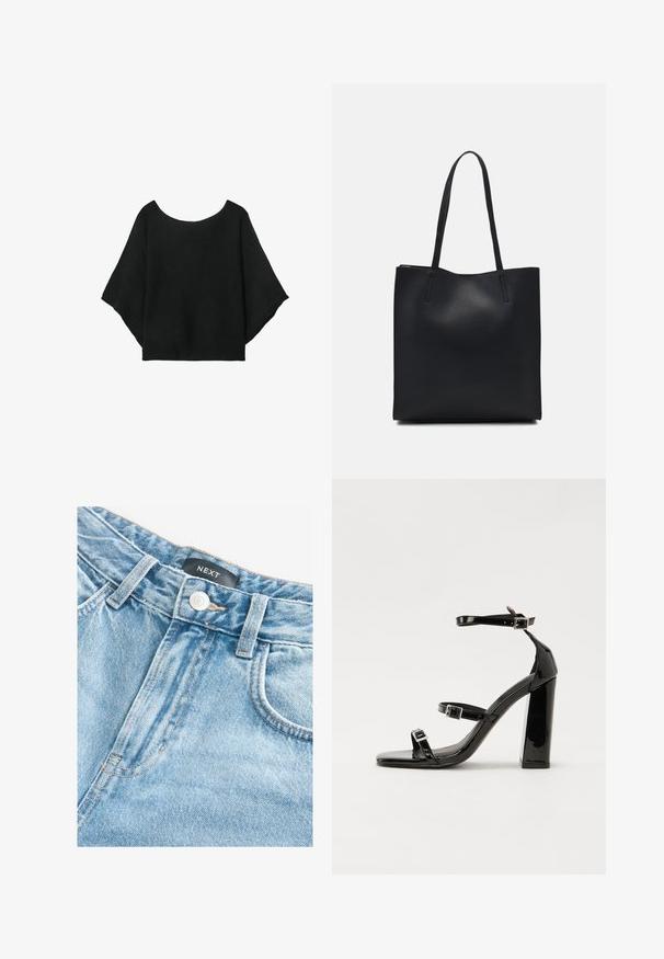 Crna pletena majica s širokim rukavima, izrezom u obliku suze i opuštenim krojem. Tkanina ima rebrastu teksturu, bez kopčanja ili uzoraka.; Next Kratke hlače od trapera - mid blue denim; Crne lakirane sandale na visoku petu s dva remena s kopčama, kvadratnim vrhom i masivnom blok petom, s glatkom, sjajnom teksturom.; Crna kožna torba za nošenje s glatkom teksturom, pravokutnim oblikom i dvije duge ručke. Nema vidljivih metalnih dijelova ili ukrasa.