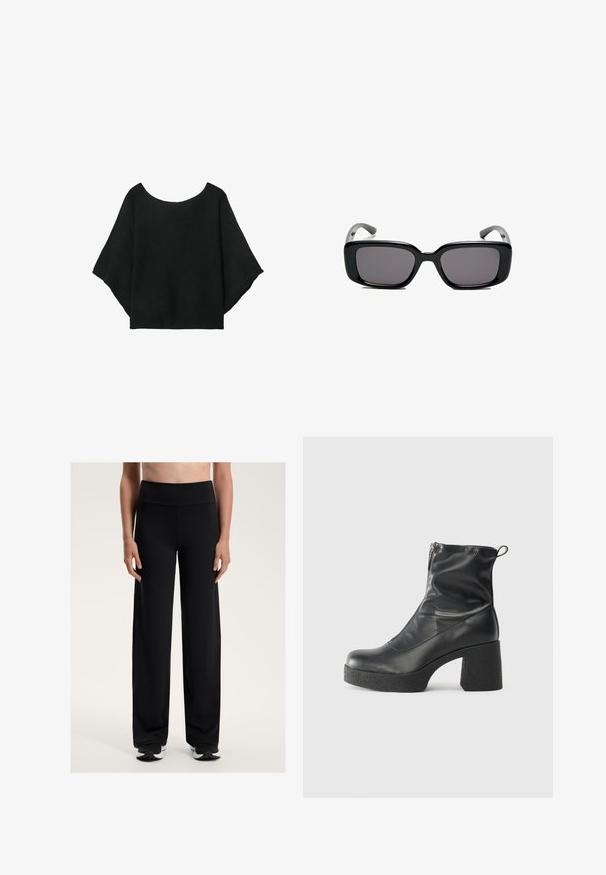 Čierny pletený top so širokými rukávmi, s okrúhlym výstrihom a voľným strihom. Tkanina má pruhovanú textúru, bez zapínania alebo vzorov.; Čierne široké športové nohavice s vysokým pásom. Vyrobené z hladkej, elastickej tkaniny, ponúkajú voľný strih a subtílnu textúru.; Čierne členkové topánky z hladkej kože, so bočným zipsom, robustnou textúrovanou pätnou časťou a zaobleným dizajnom špičky.; Čierne obdĺžnikové slnečné okuliare s tmavými sklami, hladkým plastovým rámom a zakrivenými stranami. Dizajn je robustný s minimalistickou estetikou.