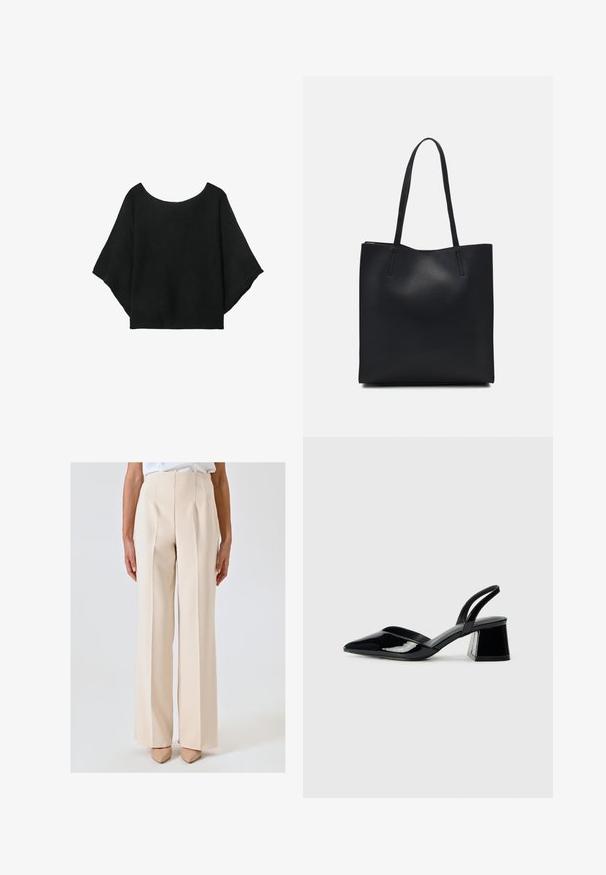 Czarna dzianinowa bluzka z szerokimi rękawami, okrągłym dekoltem i luźnym krojem. Tkanina ma prążkowaną fakturę, bez zapięć lub wzorów.; Beżowe, wysokie spodnie o prostym kroju, z wyraźnymi plisami i gładką fakturą. W połączeniu z cielistymi szpilkami o spiczastym nosku.; Czarne lakierowane półbuty na obcasie z wydłużonym noskiem i geometrycznym słupkiem. Charakteryzują się eleganckim, minimalistycznym designem oraz gładką fakturą.; Czarna skórzana torba tote o gładkiej fakturze, prostokątnym kształcie i dwóch długich uchwytach. Brak widocznych elementów metalowych i ozdób.
