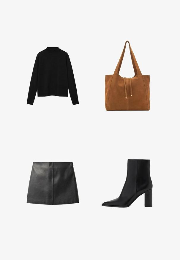 Pull à col roulé noir en tissu doux, avec des manches longues et une coupe décontractée, au design épuré et minimaliste.; Jupe en cuir noir avec une texture lisse, un design ajusté et une silhouette minimaliste. Présente un détail de couture central et une fermeture éclair latérale discrète.; Botte chelsea en cuir noir avec un bout pointu, un talon carré, une texture lisse et des détails de couture le long des coutures. Les talons mesurent environ 8,9 cm.; Sac fourre-tout en suede marron avec deux longues poignées, fermeture à cordon, et design minimaliste. Texture lisse et sans accents matériels visibles.
