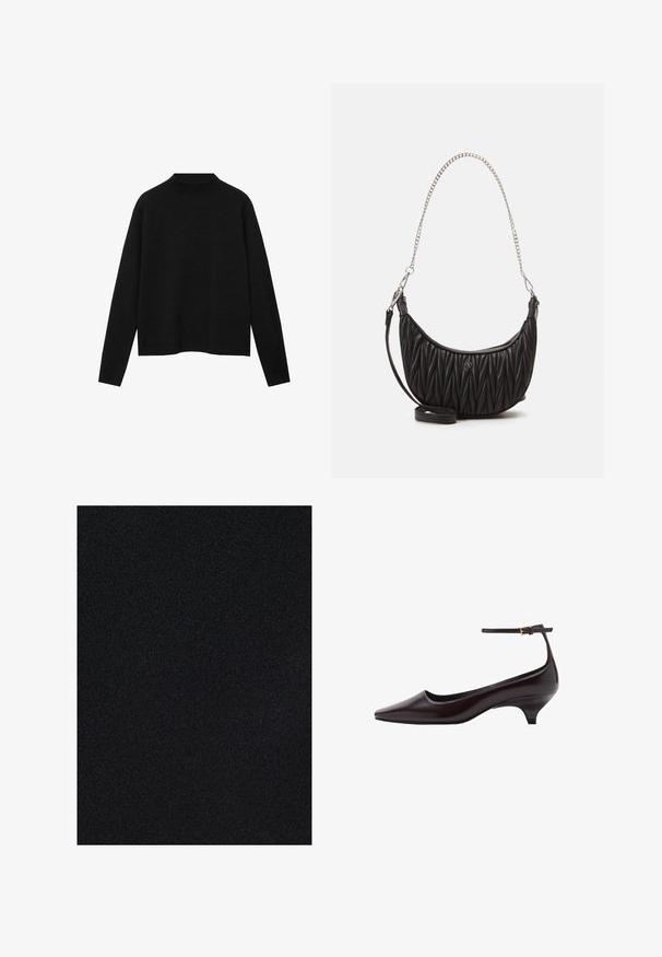 Pull à col roulé noir en tissu doux, avec des manches longues et une coupe décontractée, au design épuré et minimaliste.; Texture de tissu noir avec une finition lisse, une couleur uniforme et un subtil éclat, adapté à diverses applications et vêtements.; Chaussure à talon aiguille en cuir brun foncé, à bout pointu, avec une fine bride de cheville et une petite boucle dorée.; Sac à main en simili cuir noir avec texture matelassée, forme courbée, bandoulière en chaîne argentée et un petit accent de logo à l'avant.