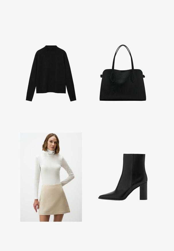Schwarzer Rollkragenpullover aus weichem Stoff, mit langen Ärmeln und einem lockeren Schnitt, der ein sauberes, minimalistisches Design aufweist.; Beige ausgestellter Rock aus weicher Stoffqualität mit glatter Textur und seitlicher Tasche, kombiniert mit einem figurbetonten weißen Langarm-Turtleneck-Oberteil.; Schwarze Leder-Ankle Boots mit spitzem Zehenbereich, quadratischem Absatz, glatter Textur und Nähten entlang der Nähte. Die Absätze messen ungefähr 8,9 cm.; Schwarze Lederhandtasche mit zwei Schulterriemen, rechteckiger Form und minimalistischem Design auf weißem Hintergrund.