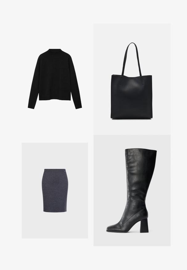 Crna rolka od mekanog materijala, s dugim rukavima i opuštenim krojem, s čistem, minimalističkim dizajnom.; Suknja uskog kroja do koljena napravljena od tamnosive teksturirane tkanine s glatkim pojasom i diskretnom oznakom branda sa strane.; Crna kožna čizma do koljena s oštrim vrhom i blok petom na jednostavnom svijetlom pozadini.; Crna kožna torba za nošenje s glatkom teksturom, pravokutnim oblikom i dvije duge ručke. Nema vidljivih metalnih dijelova ili ukrasa.