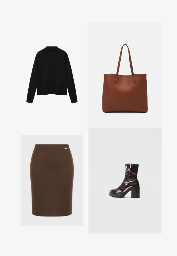 Čierny rolák vyrobený z mäkkého materiálu, s dlhými rukávmi a voľným strihom, s čistým, minimalistickým dizajnom.; Hnedá sukňa v ceruzkovom strihu vyrobená z elastického materiálu s hladkou textúrou. Má priliehavý strih a malý kovový logotyp na páse.; Lesklé burgundské kotníkové boty s robustním černým podpatkem, s hladkou strukturou a jednoduchým designem. Bez viditelných zapínání nebo vzorů.; Hnedá kožená taška na rameno s hladkou textúrou, otvoreným vrchom a dvoma ramenými popruhmi. Má minimálne šitia a žiadne viditeľné kovania.