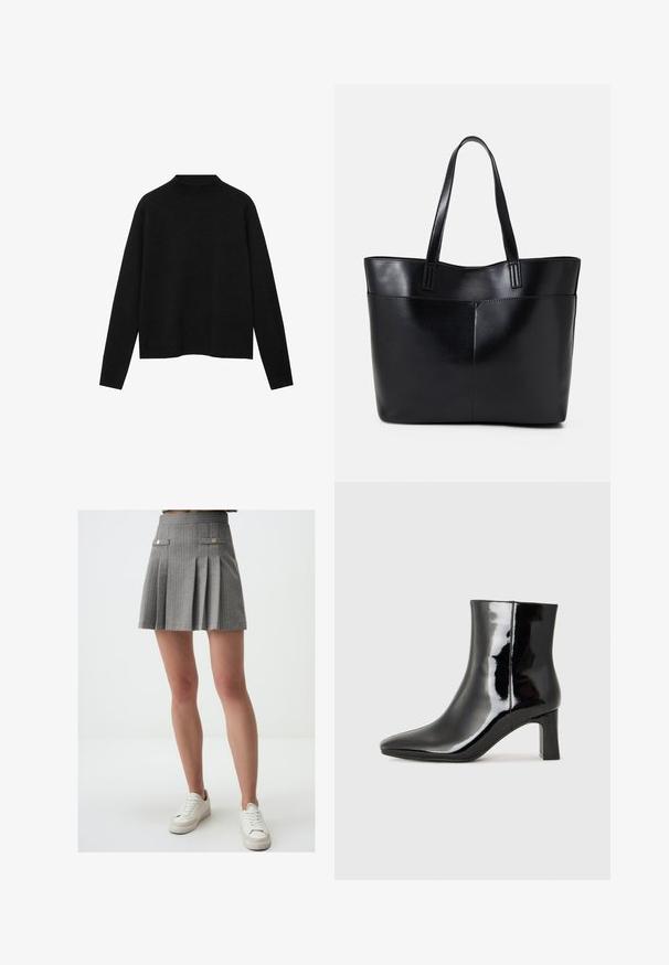 Czarny sweter z golfem wykonany z miękkiego materiału, z długimi rękawami i luźnym krojem, o czystym, minimalistycznym designie.; Szara plisowana mini spódnica z pionowymi paskami, z złotymi guzikami i kieszeniami po bokach. Połączona z białymi trampkami.; Czarne lakierowane botki za kostkę z wysmukłym noskiem i średniej wysokości obcasem w kształcie słupka. Gładka tekstura i minimalistyczny design.; Czarna skórzana torba na ramię z dwoma długimi uchwytami, gładką teksturą i sztywną formą. Posiada przednią kieszeń dla dodatkowego przechowywania.
