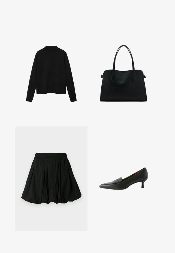 Zwarte coltrui van zacht materiaal, met lange mouwen en een relaxte pasvorm, met een schone, minimalistische uitstraling.; Zwarte rok met een elastische tailleband, met een geplooid ontwerp. Het materiaal lijkt lichtgewicht met een gladde textuur.; Zwarte leren hoge hak schoen met een spitse neus en een decoratieve band. Heeft een lage stiletto hak en een gladde textuur.; Zwarte leren handtas met dubbele schouderriemen, rechthoekige vorm en minimalistisch ontwerp op een witte achtergrond.