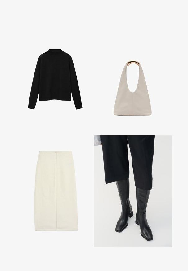 Svart polotröja i mjuk tyg, med långa ärmar och avslappnad passform, med en ren, minimalistisk design.; Lång elfenbensfärgad kjol i texturerat tyg, med rak design och en centrerad bakseam. Ingen synlig hårdvara eller mönster.; Svarta läderknähöga stövlar med fyrkantig tå och blockklack. Har en siddragkedja och slät textur.; Ljusgrå läderväska med en U-formad design och ett böjt metallhandtag. Slät textur med minimal sömnad och inga synliga mönster.