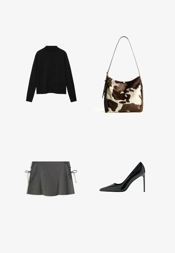 Zwarte coltrui van zacht materiaal, met lange mouwen en een relaxte pasvorm, met een schone, minimalistische uitstraling.; Grijze gestreepte rok met zijrucheling, strikken en een uitlopende silhoutte. De stof heeft een soepele textuur met een lichte glans.; Zwarte lakleren stiletto pump met een spitse neus en een gladde, glanzende textuur; hoge, slanke hak; minimalistisch ontwerp.; Bruine en crèmekleurige koeienhuid schoudertas met een gladde leren band, ritssluiting en een zachte, tekstuursurface met een natuurlijk patroon.