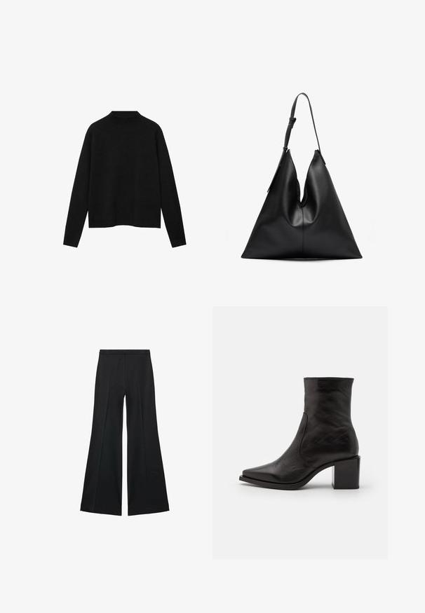 Pulover negru cu guler înalt dintr-un material moale, având mâneci lungi și o croială lejeră, cu un design curat și minimalist.; Pantaloni negri cu croială largă, având o textură netedă, cu pliseuri frontale și un design croit. Materialul este ușor și fluid.; Botină din piele neagră, la gleznă, cu bot pătrat și toc bloc. Designul are o textură netedă și detalii de cusătură minime.; Geantă de umăr triangulară din piele neagră, cu o singură curea de umăr ajustabilă și o structură moale, ușor lăsată.