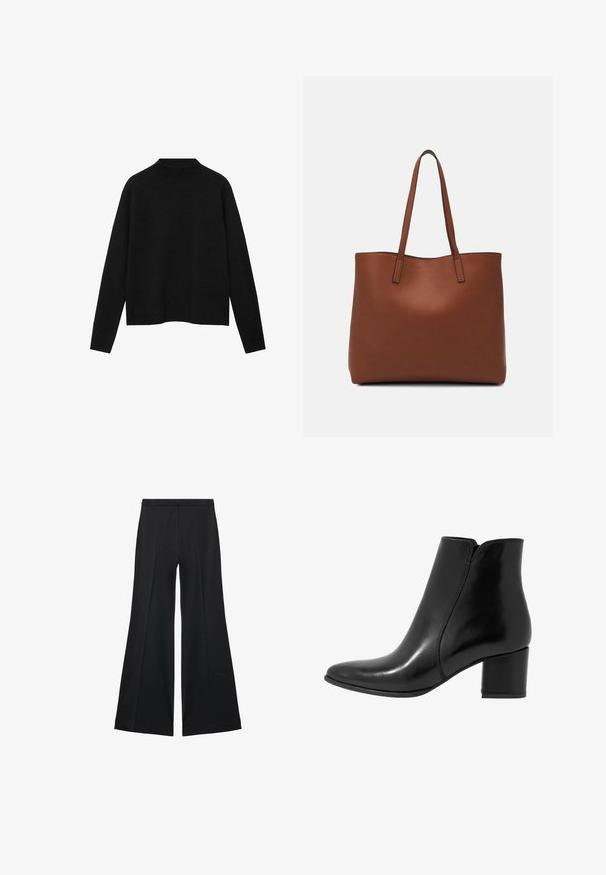 Crna rolka od mekanog materijala, s dugim rukavima i opuštenim krojem, s čistem, minimalističkim dizajnom.; Crne široke hlače s glatkom teksturom, koje imaju prednje nabore i kroj po mjeri. Tkanina je lagana i lepršava.; Anna Field LEATHER - Klasične gležnjače - black; Smeđa kožna torba preko ramena s glatkom teksturom, otvorenim vrhom i dvjema naramenicama. Ima minimalne šavove i nema vidljivog hardvera.