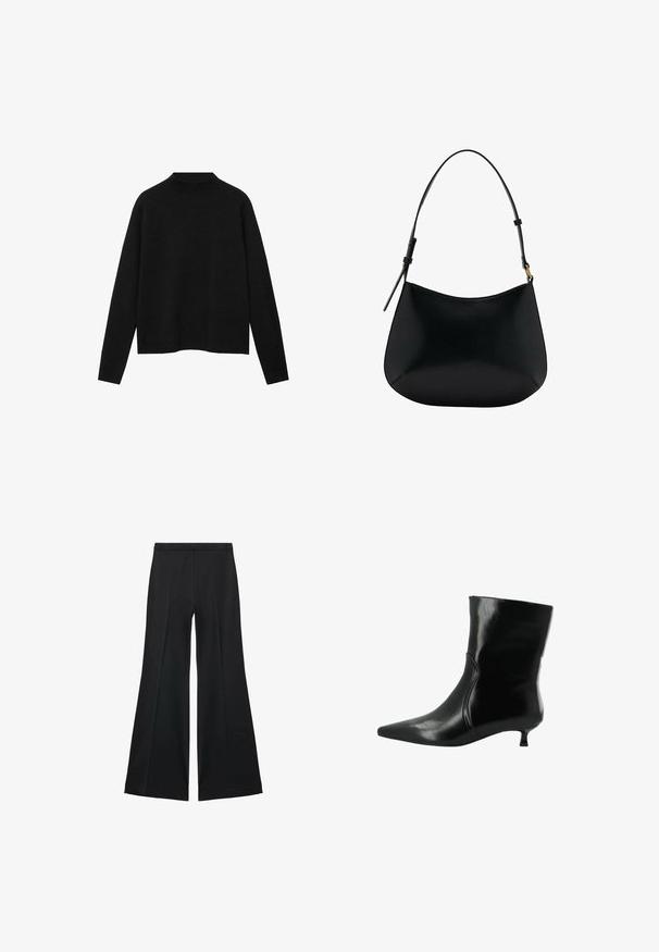 Zwarte coltrui van zacht materiaal, met lange mouwen en een relaxte pasvorm, met een schone, minimalistische uitstraling.; Zwarte wijde-pijpen broek met een gladde textuur, gekenmerkt door voorplooien en een op maat gemaakte uitstraling. De stof is lichtgewicht en vloeiend.; Zwarte leren enkellaars met spitse neus en lage kittenheel, zijnaaddetail en een gladde, glanzende afwerking.; Zwarte leren schoudertas met een gladde textuur, gebogen vorm en verstelbare hengel. Heeft minimale stiksels en een eenvoudig ontwerp.