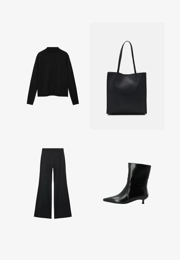 Pull à col roulé noir en tissu doux, avec des manches longues et une coupe décontractée, au design épuré et minimaliste.; Pantalons larges noirs avec une texture lisse, présentant des plis sur le devant et un design ajusté. Le tissu est léger et fluide.; Botte de cheville en cuir noir avec bout pointu et petit talon, détail de couture latérale et finition lisse et brillante.; Sac fourre-tout en cuir noir avec une texture lisse, de forme rectangulaire et deux longues poignées. Pas de matériel ou d'ornementations visibles.