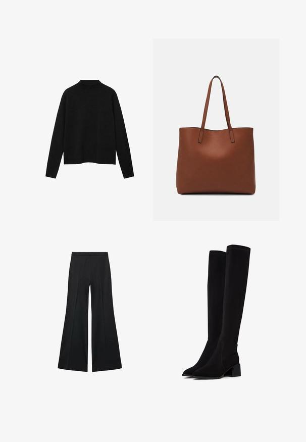 Crna rolka od mekanog materijala, s dugim rukavima i opuštenim krojem, s čistem, minimalističkim dizajnom.; Crne široke hlače s glatkom teksturom, koje imaju prednje nabore i kroj po mjeri. Tkanina je lagana i lepršava.; Crne čizme iznad koljena izrađene od mekog, teksturiranog materijala. Imaju blok-peti, šiljasti vrh i vidljive šavove.; Smeđa kožna torba preko ramena s glatkom teksturom, otvorenim vrhom i dvjema naramenicama. Ima minimalne šavove i nema vidljivog hardvera.