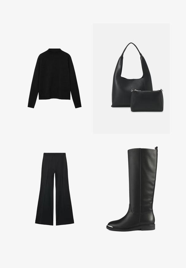 Pull à col roulé noir en tissu doux, avec des manches longues et une coupe décontractée, au design épuré et minimaliste.; Pantalons larges noirs avec une texture lisse, présentant des plis sur le devant et un design ajusté. Le tissu est léger et fluide.; Bottes en cuir noir montantes avec une texture lisse, bout rond et accent en argent sur le bout. Dotées d'un talon bas et plat et d'un design sans couture.; Even&Odd Sac à main - black
