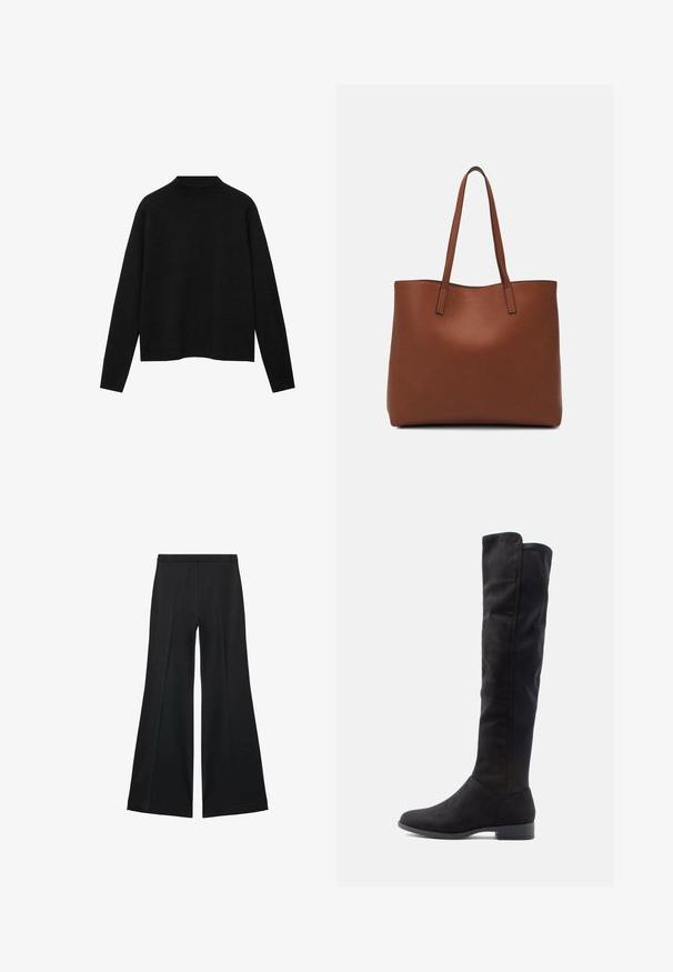 Črn pulover z visokim ovratnikom, izdelan iz mehke tkanine, z dolgimi rokavi in sproščenim krojem, z čistim, minimalističnim dizajnom.; Črne široke hlače z gladko teksturo, ki imajo sprednje nabore in kroj po meri. Tkanina je lahka in zračna.; Črne semiš škornje do kolen z gladko teksturo, zaobljenim nosom in nizkim blokastim peto; minimalistična zasnova brez vidnih kovinskih delov.; Rjava usnjena torba z gladko teksturo, odprto zasnovo zgoraj in dvema naramnima trakovoma. Opremljena je z minimalnim šivanjem in brez vidnih kovinskih delov.
