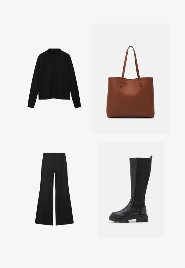 Crna rolka od mekanog materijala, s dugim rukavima i opuštenim krojem, s čistem, minimalističkim dizajnom.; Crne široke hlače s glatkom teksturom, koje imaju prednje nabore i kroj po mjeri. Tkanina je lagana i lepršava.; Crne čizmice do koljena s glatkom kožom sprijeda i teksturiranim materijalom straga, s debelim izrezanim potplatom i trakicom za lakše obuvanje.; Smeđa kožna torba preko ramena s glatkom teksturom, otvorenim vrhom i dvjema naramenicama. Ima minimalne šavove i nema vidljivog hardvera.
