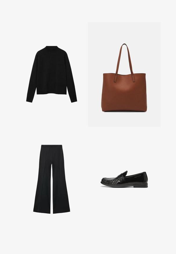Črn pulover z visokim ovratnikom, izdelan iz mehke tkanine, z dolgimi rokavi in sproščenim krojem, z čistim, minimalističnim dizajnom.; Črne široke hlače z gladko teksturo, ki imajo sprednje nabore in kroj po meri. Tkanina je lahka in zračna.; Črne usnjene loaferje z gladko, sijočo površino, zaobljenim nosom in dekorativnim šivanjem ob robovih. Ravna gumijasta podloga z minimalnim profilom.; Rjava usnjena torba z gladko teksturo, odprto zasnovo zgoraj in dvema naramnima trakovoma. Opremljena je z minimalnim šivanjem in brez vidnih kovinskih delov.