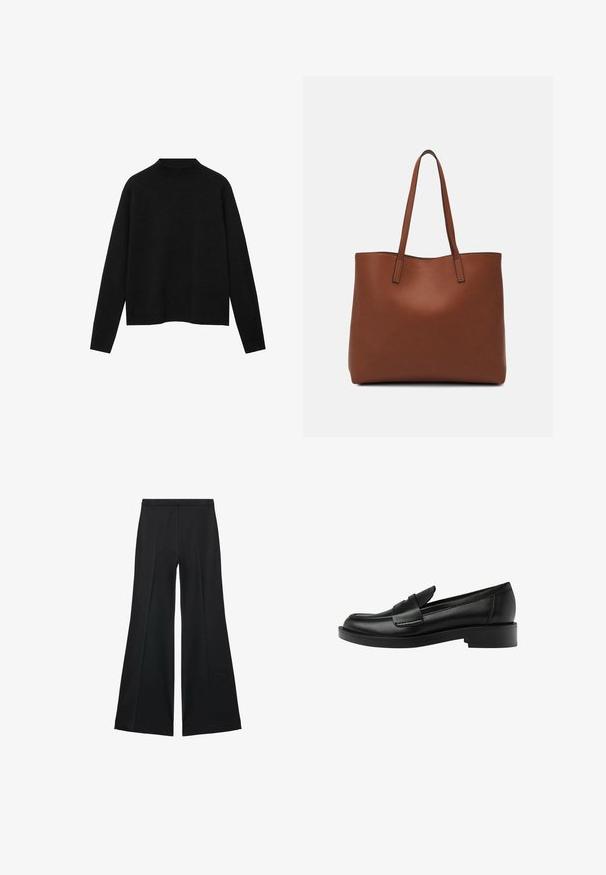 Maglione a collo alto di colore nero realizzato in tessuto morbido, con maniche lunghe e una vestibilità rilassata, caratterizzato da un design pulito e minimalista.; Pantaloni neri a gamba larga con una texture liscia, caratterizzati da pieghe frontali e un design sartoriale. Il tessuto è leggero e fluido.; Mocassino in pelle nera con punta arrotondata, caratterizzato da un'importante cucitura sul davanti e un tacco basso per garantire stabilità.; Borsa tote in pelle marrone con texture liscia, design con apertura superiore e due spallacci. Presenta cuciture minime e nessun hardware visibile.