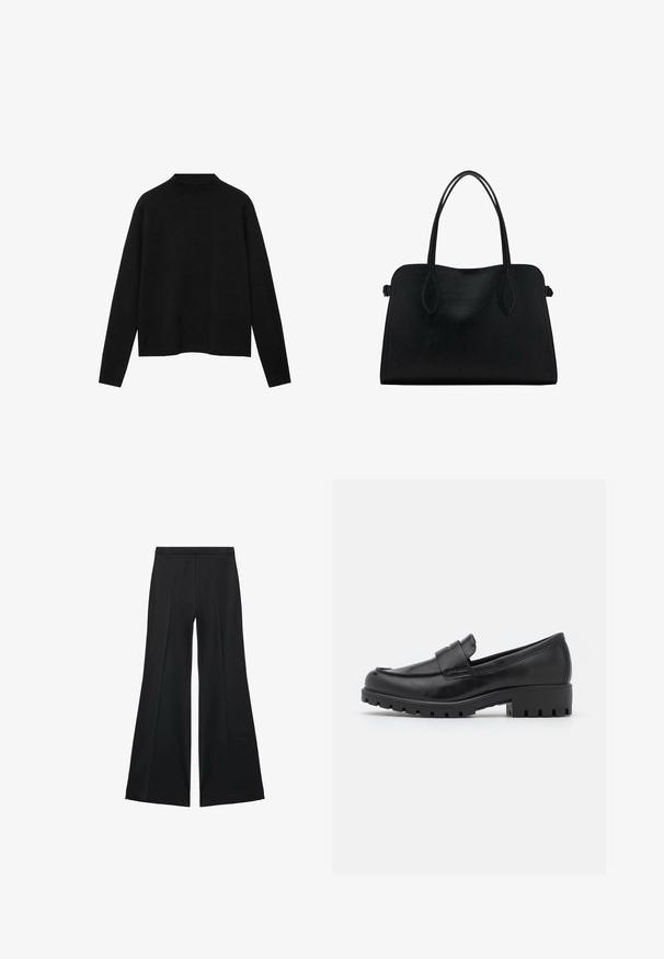 Čierny rolák vyrobený z mäkkého materiálu, s dlhými rukávmi a voľným strihom, s čistým, minimalistickým dizajnom.; Čierne široké nohavice s hladkou textúrou, s prednými záhybmi a elegantným strihom. Materiál je ľahký a pruhlý.; Čierne kožené mokasíny s okrúhlym prstom, prešitým detailom a robustnou gumovou podrážkou s viditeľným dezénom. Hladký povrch.; Čierna kožená kabelka s dvojitými popruhmi na rameno, obdĺžnikový tvar a minimalistický dizajn na bielom pozadí.