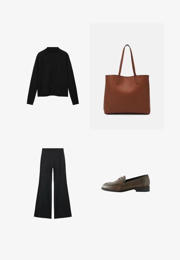 Mustat korkeakauluksinen neulepaita pehmeästä kankaasta, jossa on pitkät hihat ja rento istuvuus, sekä yksinkertainen, minimalinen muotoilu.; Mustat leveälahkeiset housut, joissa on sileä pinta, etupuolella laskokset ja muotolaskettu malli. Kangas on kevyttä ja laskeutuvaa.; Ruske nahkakengät, joissa on pyöreä kärki, etuosan hihnalaite, liukupohjainen muotoilu ja matala musta korko, joissa on sileä pinta.; Ruskea nahkainen olkalaukku, jossa on sileä pinta, avoin yläosa ja kaksi olkahihnaa. Omaavat vain minimaalisen ompelun eikä näkyvää metalliosaa.