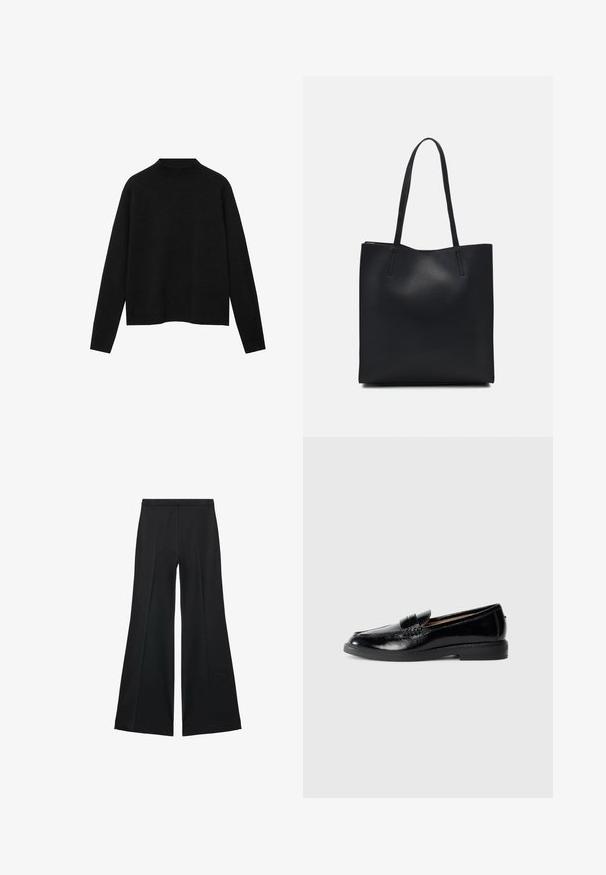 Schwarzer Rollkragenpullover aus weichem Stoff, mit langen Ärmeln und einem lockeren Schnitt, der ein sauberes, minimalistisches Design aufweist.; Schwarze weit geschnittene Hose mit glatter Textur, ausgestattet mit Frontfalten und einem taillierten Design. Der Stoff ist leicht und fließend.; Schwarzer, glänzender Leder-Loafer mit abgerundeter Zehe, niedrigem Absatz, dekorativem Riemen und glatter Sohle auf einem schlichten hellgrauen Hintergrund.; Schwarze Laptoptasche aus Leder mit glatter Textur, rechteckiger Form und zwei langen Griffen. Keine sichtbaren Beschläge oder Verzierungen.