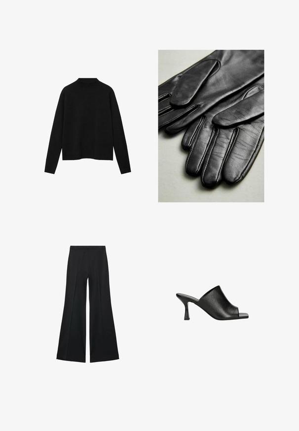 Pull à col roulé noir en tissu doux, avec des manches longues et une coupe décontractée, au design épuré et minimaliste.; Pantalons larges noirs avec une texture lisse, présentant des plis sur le devant et un design ajusté. Le tissu est léger et fluide.; Mules ouverts en cuir noir au design épuré, avec une texture subtile et un talon bloc effilé pour plus de stabilité.; Gants en cuir noir au toucher lisse, dotés de coutures le long des doigts et d'un design ajusté. Matériau doux et souple pour le confort.