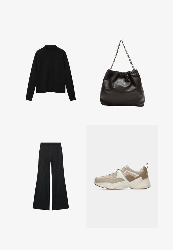Svart polotröja i mjuk tyg, med långa ärmar och avslappnad passform, med en ren, minimalistisk design.; Svarta vida byxor med en slät textur, med framfickor och skräddarsydd design. Tyget är lätt och flödande.; Lätta sneakers med en beige nätovandel, vita accenter och texturerade bruna detaljer. Tjock gummisula med ett unikt vågmönster.; Brun läderväska med rynkad topp och kedjesnodd. Slät textur med en blankslipad yta och subtila sömdetaljer på sidorna.