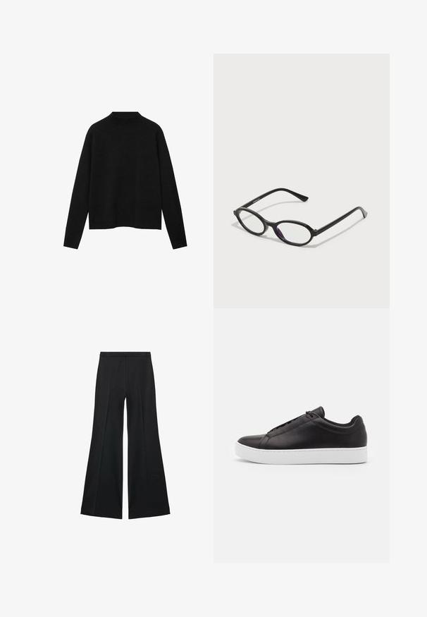 Černý rolák vyrobený z měkké látky, s dlouhými rukávy a uvolněným střihem, se čistým a minimalistic designem.; Černé kalhoty s širokými nohavicemi a hladkou texturou, s předními sklady a přizpůsobeným střihem. Materiál je lehký a splývavý.; Černé kožené tenisky s hladkým povrchem, s nízkým designem a silnou bílou gumovou podrážkou. Jemné švy na straně.; Černé brýle oválného tvaru s průhlednými purpurovými akcenty na čočkách. Rám má matný povrch a štíhlé, rovné nožičky.; Hnědá semišová taška s dvěma dlouhými popruhy, stahovací šňůrkou a minimalistickým designem. Hladký povrch a žádné viditelné kovové akcenty.