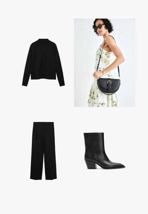 Svart polotröja i mjuk tyg, med långa ärmar och avslappnad passform, med en ren, minimalistisk design.; Svarta vida byxor i en mjuk tygkvalitet, med veck framtill och sidofickor, designade med en rak och avslappnad passform.; Svart läderankelboot med en slät yta, fyrkantig tå och en geometrisk, kraftig klack. Snygg design utan synlig hårdvara eller mönster.; Svart läderhandväska med en böjd form, avtagbar rem och guldiga detaljer. Väskan har ett lock med en spänndetalj.