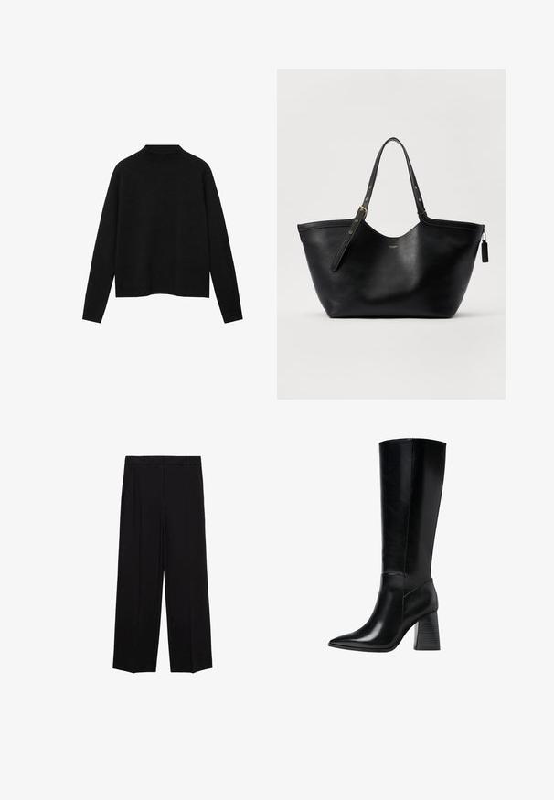 Schwarzer Rollkragenpullover aus weichem Stoff, mit langen Ärmeln und einem lockeren Schnitt, der ein sauberes, minimalistisches Design aufweist.; Schwarze weit geschnittene Hosen aus glattem Stoff, mit Falten an der Vorderseite und seitlichen Taschen, entworfen in einem geraden, lässigen Schnitt.; Knöchelhohe schwarze Lederstiefel mit spitzem Schuhkopf, glatter Textur und einem stabilen, profilierten Blockabsatz. Schlankes Design mit minimalen Akzenten.; Schwarze Leder-Tote mit strukturierter Form, doppelten Tragegriffen und goldenen Hardware-Akzenten. Verfügt über eine glatte Textur und einen dekorativen Anhänger.