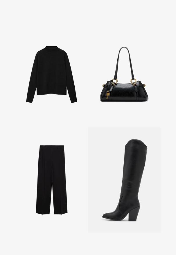 Czarny sweter z golfem wykonany z miękkiego materiału, z długimi rękawami i luźnym krojem, o czystym, minimalistycznym designie.; Czarne spodnie o szerokich nogawkach z gładkiego materiału, z plisami z przodu i bocznymi kieszeniami, zaprojektowane w prostym, luźnym kroju.; RAID LAKELYN - Kozaki na obcasie; Czarna skórzana torebka o gładkiej fakturze, zaokrąglonym kształcie, złotych akcentach metalowych i podwójnych uchwytach. Posiada dekoracyjny zamek z boku.