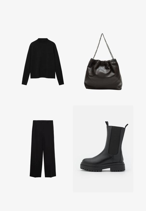 Černý rolák vyrobený z měkké látky, s dlouhými rukávy a uvolněným střihem, se čistým a minimalistic designem.; Černé široké kalhoty s hladkým materiálem, s plisováním v přední části a bočními kapsami, navržené s rovný, uvolněný střih.; RAID CHERISH - Kozačky na platformě - black; Hnědá kožená taška se sbíraným vrškem a řetízkovým popruhem. Hladký povrch s lesklým finišem a jemným švem na bocích.
