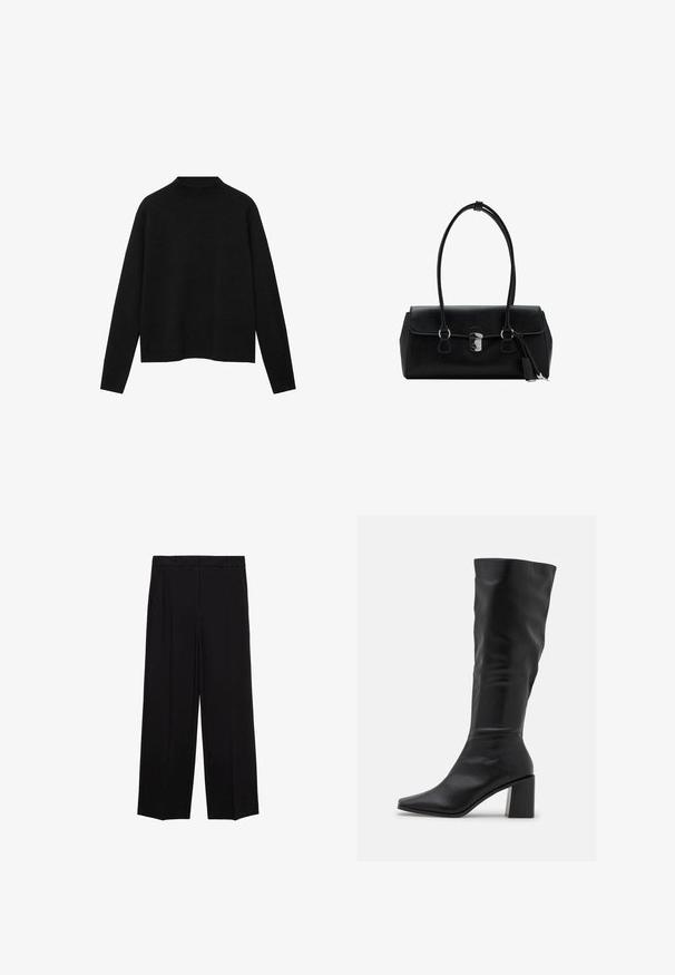 Černý rolák vyrobený z měkké látky, s dlouhými rukávy a uvolněným střihem, se čistým a minimalistic designem.; Černé široké kalhoty s hladkým materiálem, s plisováním v přední části a bočními kapsami, navržené s rovný, uvolněný střih.; RAID BLICK - Vysoká obuv - black; Černá kožená kabelka s hladkým povrchem, strukturovaným designem, dvojitými uchy a stříbrným kováním ve středu.
