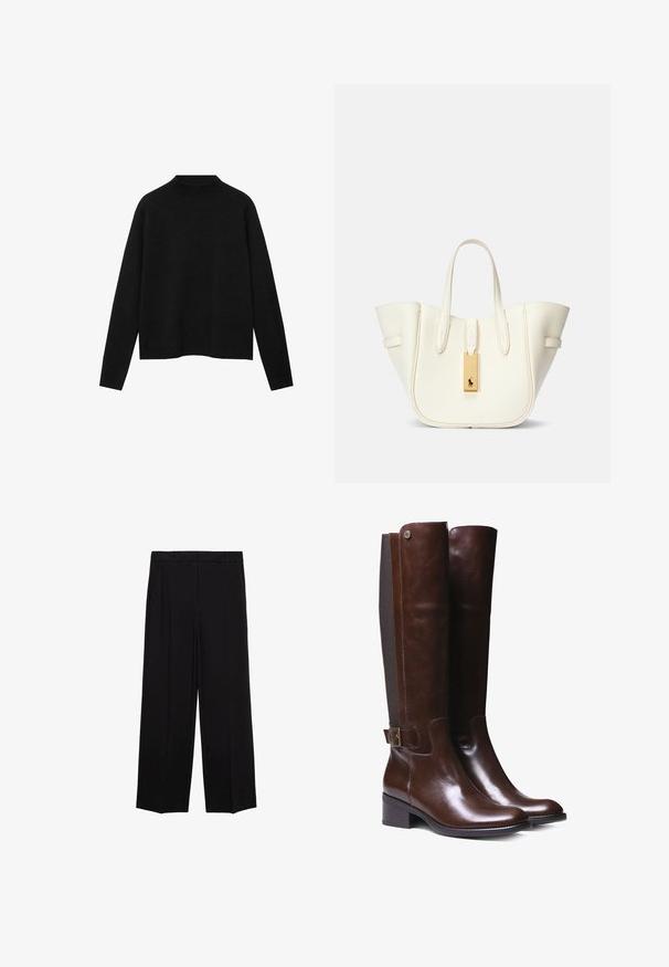 Black turtleneck sweater made of soft fabric, featuring long sleeves and a relaxed fit, with a clean, minimalistic design.; Black wide-leg trousers with a smooth fabric, featuring pleats at the front and side pockets, designed with a straight, relaxed cut.; Brown leather knee-high boots with smooth finish, contrasting fabric panel, ankle buckle detail, and low block heel.; White leather tote bag with a structured shape, prominent stitching, gold hardware tag, and dual handles. Textured surface with side pockets.