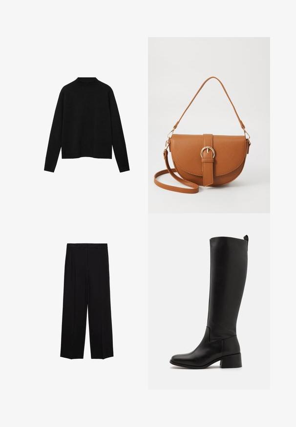 Black turtleneck sweater made of soft fabric, featuring long sleeves and a relaxed fit, with a clean, minimalistic design.; Black wide-leg trousers with a smooth fabric, featuring pleats at the front and side pockets, designed with a straight, relaxed cut.; Black knee-high boot made of smooth leather with a block heel, rounded toe, and a sleek, unembellished design.; Brown leather crossbody bag with a curved shape, gold hardware, and a buckle accent. Features a detachable shoulder strap.
