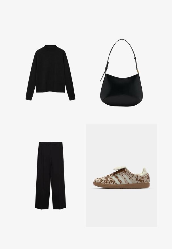 Czarny sweter z golfem wykonany z miękkiego materiału, z długimi rękawami i luźnym krojem, o czystym, minimalistycznym designie.; Czarne spodnie o szerokich nogawkach z gładkiego materiału, z plisami z przodu i bocznymi kieszeniami, zaprojektowane w prostym, luźnym kroju.; Sneakers z beżowo-brązowym nakrapianym wzorem, zawierające trzy białe paski, rzep oraz brązową gumową podeszwę.; Czarna skórzana torba na ramię o gładkiej fakturze, zaokrąglonym kształcie i regulowanym uchwycie. Charakteryzuje się minimalnym przeszyciem i prostym designem.