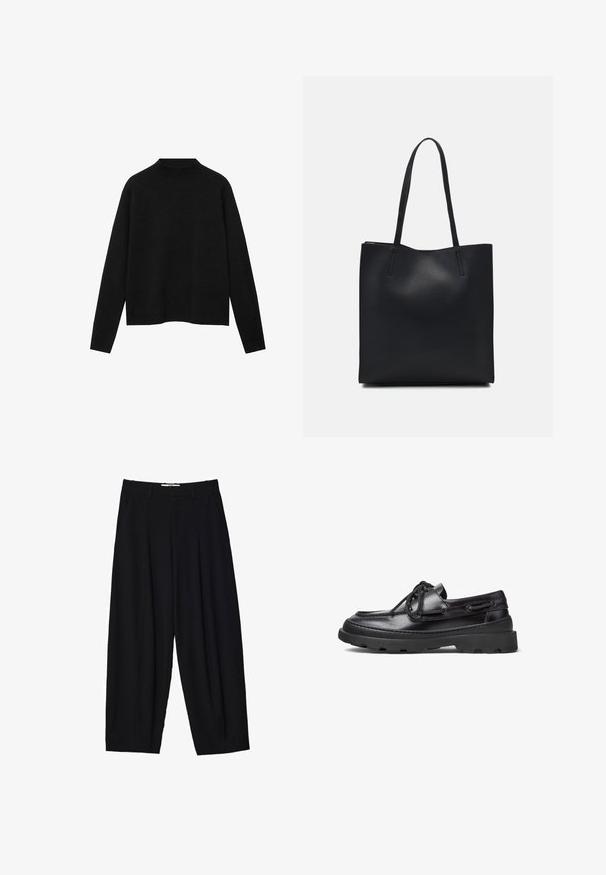 Svart polotröja i mjuk tyg, med långa ärmar och avslappnad passform, med en ren, minimalistisk design.; Svarta vida byxor i lätt tyg, med framfållningar, en klassisk midja och sidofickor. Slät textur.; Svarta läderskor för båt med rund tå, snörningsdesign, sydda detaljer och en kraftig gummisula med ett mönster för bra grepp.; Svart lädertoffelväska med slät textur, rektangulär form och två långa handtag. Ingen synlig hårdvara eller dekorationer.