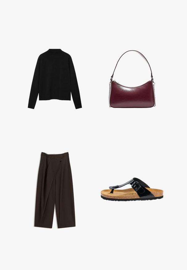 Czarny sweter z golfem wykonany z miękkiego materiału, z długimi rękawami i luźnym krojem, o czystym, minimalistycznym designie.; Ciemnobrązowe szerokie spodnie o wysokim stanie, z pojedynczym zapięciem na guzik i plisowanym przodem. Wykonane z lekkiego materiału.; Czarne klapki z lakierowanej skóry z korkową wkładką, gumową podeszwą i akcentem w postaci klamry na pasku. Gładka powierzchnia, minimalistyczny design.; Burgundowa skórzana torebka o zaokrąglonym kształcie, z zamknięciem na zamek i paskiem ozdobionym łańcuszkiem. Gładka struktura z delikatnym połyskiem.