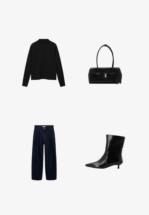 Mustat korkeakauluksinen neulepaita pehmeästä kankaasta, jossa on pitkät hihat ja rento istuvuus, sekä yksinkertainen, minimalinen muotoilu.; Tummansinisiä leveälahkeisia housuja, joissa on laskoksia vyötäröllä, etupainike ja vyön lenkit. Sujuva rakenne ja täyspitkä muotoilu.; Musta nahkainen nilkkabootsi, jossa on terävä kärkiosa ja matala kitten-korko, sivusaumadetail ja sileä kiiltävä pinta.; Musta nahkalaukku, jossa on sileä pinta, strukturoidun muotoilun, kaksinkertaiset kahvat ja hopeinen solki yksityiskohtana keskellä.