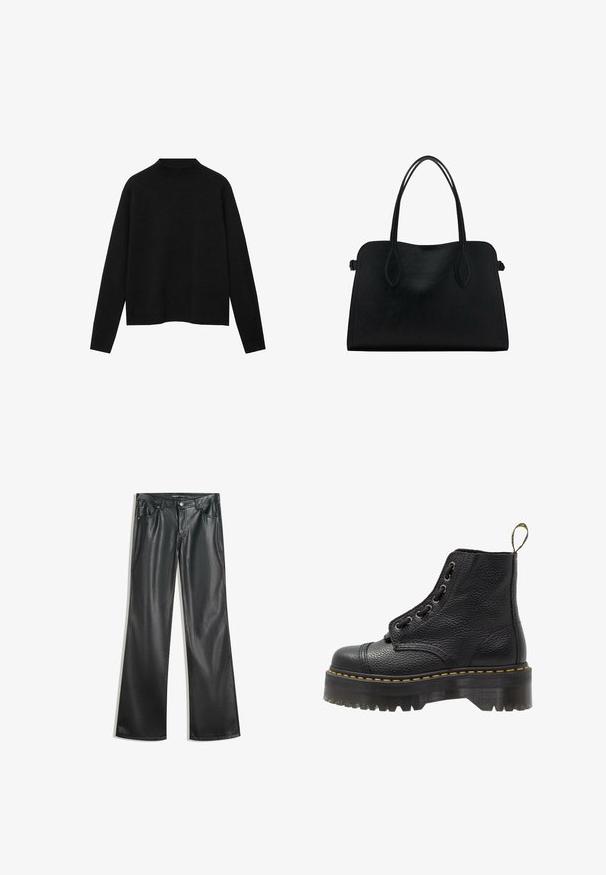 Black turtleneck sweater made of soft fabric, featuring long sleeves and a relaxed fit, with a clean, minimalistic design.; Black faux leather flared pants with a smooth texture, five-pocket design, front zipper, and contrasting stitching.; Black leather ankle boot with textured surface, round toe, lace-up design, yellow stitching, and a thick, ridged black platform sole.; Black leather handbag with dual shoulder straps, rectangular shape, and minimalistic design on a white background.