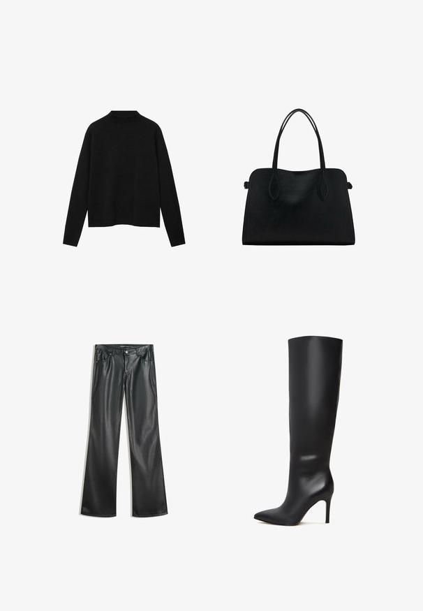 Crna rolka od mekanog materijala, s dugim rukavima i opuštenim krojem, s čistem, minimalističkim dizajnom.; Crne hlače od umjetne kože širokog kroja s glatkom teksturom, dizajnom s pet džepova, prednjim zatvaračem i kontrastnim šavovima.; Crne kožne čizmice do koljena na štiklu s oštrim vrhom i glatkom, sjajnom površinom. Imaju visoku, vitku petu koja produžava siluetu.; Crna kožna torba s dvostrukim naramenicama, pravokutnog oblika i minimalističkim dizajnom na bijeloj pozadini.