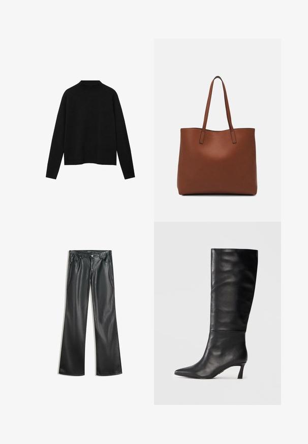 Black turtleneck sweater made of soft fabric, featuring long sleeves and a relaxed fit, with a clean, minimalistic design.; Black faux leather flared pants with a smooth texture, five-pocket design, front zipper, and contrasting stitching.; Black leather knee-high boot with a pointed toe and slim heel. Smooth texture with seamless design and a polished finish.; Brown leather tote bag with a smooth texture, open top design, and two shoulder straps. Features minimal stitching and no visible hardware.