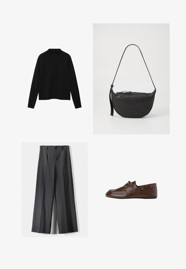Czarny sweter z golfem wykonany z miękkiego materiału, z długimi rękawami i luźnym krojem, o czystym, minimalistycznym designie.; Spodnie o szerokich nogawkach w ciemnoszarym kolorze, z zapięciem na guzik, plisami z przodu i szlufkami na pasek. Gładka faktura z dopasowanym krojem.; Brązowe skórzane buty wsuwane o gładkiej fakturze, z dekoracyjnym przeszyciem i okrągłymi oczkami. Płaska podeszwa z zaokrąglonym noskiem.; Czarna skórzana torba na ramię o zaokrąglonym kształcie, z pojedynczym paskiem, zamknięciem na zamek oraz subtelnym przeszyciem wzdłuż korpusu.
