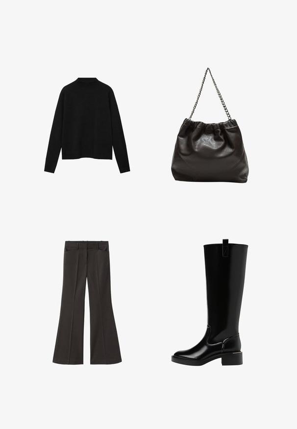 Čierny rolák vyrobený z mäkkého materiálu, s dlhými rukávmi a voľným strihom, s čistým, minimalistickým dizajnom.; Čierne rozšírené nohavice s vysokým pásom; majú dve bočné vrecká a hladkú textúru látky. Vhodné na rôzne príležitosti.; Čierne kožené kozačky po kolená s lesklým povrchom, zaoblenou špičkou, malým blokovým podpätkom a sťahovacou pútkom na zadnej strane. Švy zvýrazňujú dizajn.; Hnedá kožená taška so zberaným vrchom a reťazovým popruhom. Hladký povrch s lesklým finišom a jemným švom po stranách.