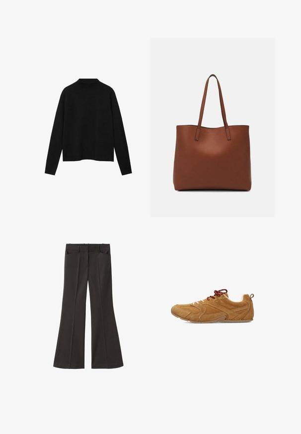 Schwarzer Rollkragenpullover aus weichem Stoff, mit langen Ärmeln und einem lockeren Schnitt, der ein sauberes, minimalistisches Design aufweist.; Schwarze, weit geschnittene Hosen mit hoher Taille; verfügt über zwei Fronttaschen und eine glatte Stoffoberfläche. Geeignet für verschiedene Anlässe.; Ziegenleder-Schuhe in Beige mit strukturierten Oberflächen, ausgestattet mit weißen und roten Schnürsenkeln, einer abgerundeten Zehenpartie und einer flexiblen Gummisohle.; Braune Leder-Tote mit glatter Textur, offenem Oberteil und zwei Schulterriemen. Verfügt über minimale Nähte und keine sichtbaren Beschläge.