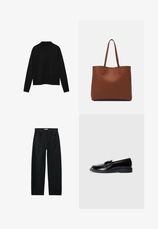 Pull à col roulé noir en tissu doux, avec des manches longues et une coupe décontractée, au design épuré et minimaliste.; Jean noir taille haute à jambes droites avec poches avant, passants pour ceinture et coutures visibles sur fond blanc.; Mocassin en cuir noir verni avec bout arrondi, talon bas, sangle décorative et semelle lisse sur un fond gris clair uni.; Sac fourre-tout en cuir marron avec une texture lisse, design à ouverture supérieure et deux poignées pour le porter à l'épaule. Présente des coutures minimales et aucun matériel visible.