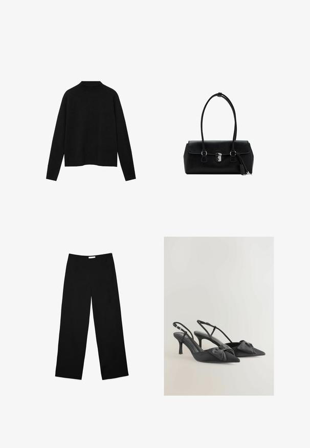 Črn pulover z visokim ovratnikom, izdelan iz mehke tkanine, z dolgimi rokavi in sproščenim krojem, z čistim, minimalističnim dizajnom.; Široke hlače iz črne tkanine, z gladko teksturo, čisto zasnovo in skritim zadrgo ob strani za zapiranje.; Črne satenske čevlje s slingbackdamo s koničastimi prsti, majhnimi loki na vampu in vitkimi petami. Imajo nastavljive zaponke okoli gležnja.; Črna usnjena torbica z gladko teksturo, strukturirano zasnovo, dvema ročkama in s srebrnim sponko na sredini.