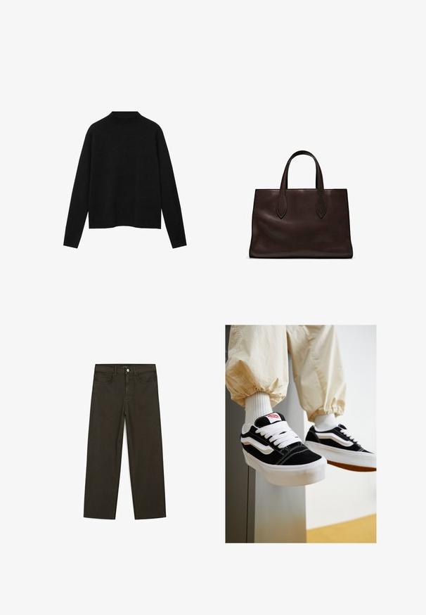 Schwarzer Rollkragenpullover aus weichem Stoff, mit langen Ärmeln und einem lockeren Schnitt, der ein sauberes, minimalistisches Design aufweist.; Dunkelgrüne Jeans im weit geschnittenen Style, hergestellt aus einem Baumwollgemisch. Sie verfügen über einen Frontknopfverschluss, fünf Taschen und klassische Denim-Nähte.; Schwarz-weiße Wildledersneaker mit flachen weißen Schnürsenkeln, strukturierten Gummisohlen und seitlichem Streifenmuster. Getragen mit cremefarbenen, schmal zulaufenden Hosen.; Braune Ledertasche mit zwei langen Griffen, strukturierte rechteckige Form, glatte Textur und dezente Nähdetails.