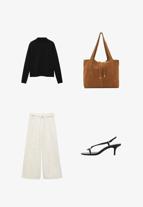 Čierny rolák vyrobený z mäkkého materiálu, s dlhými rukávmi a voľným strihom, s čistým, minimalistickým dizajnom.; Široké nohavice v off-white látke s vertikálnymi pruhmi. Obsahujú opasok v páse a majú jemnú textúru. Zahŕňajú predné vrecká.; Čierne kožené sandále na malom podpätku s tenkými pásikmi, zlatou prackou a minimalistickým prstovým pásikom na bielom pozadí.; Hnedá semišová taška cez rameno s dvoma dlhými popruhmi, sťahovacou šnúrkou a minimalistickým dizajnom. Hladký povrch a žiadne viditeľné kovové doplnky.